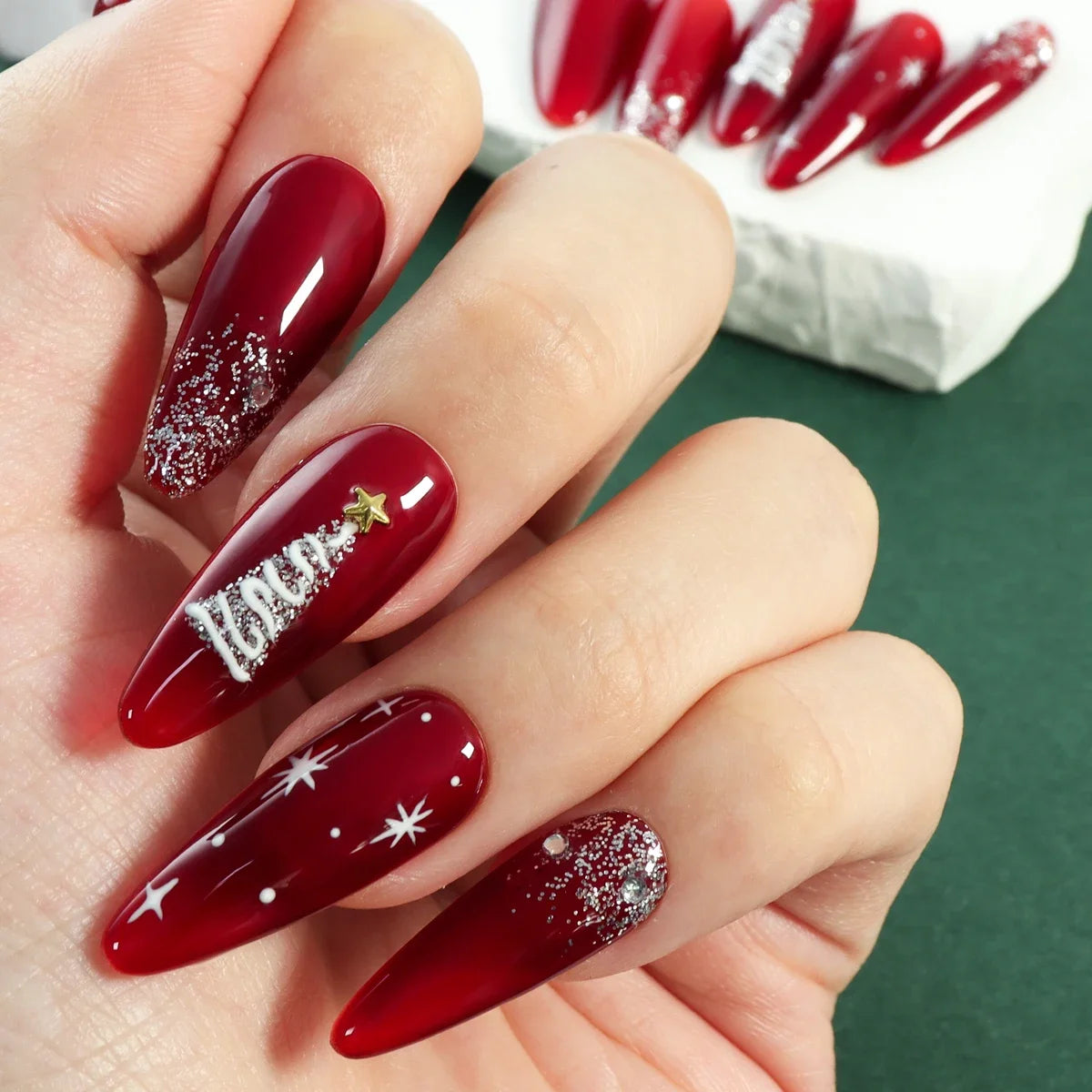 10pcs Christmas Red Glossy Handmade Long Press on Fake Nail