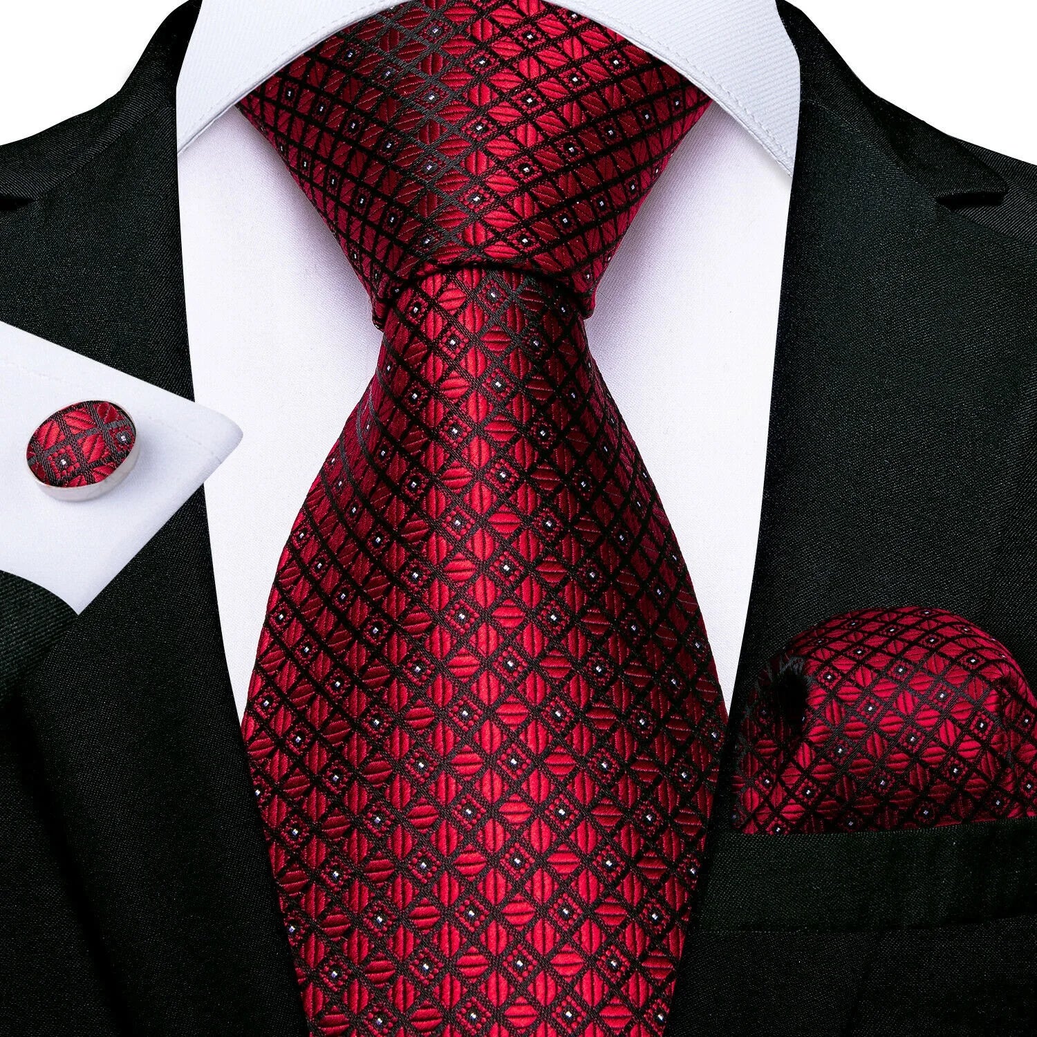 Red  Solid Striped Paisley Neckties Hanky Cufflinks Set For Men