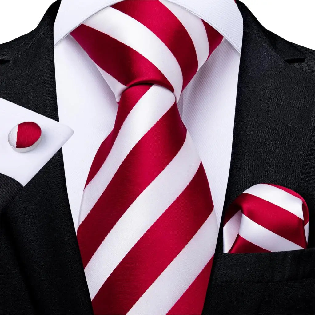 Red  Solid Striped Paisley Neckties Hanky Cufflinks Set For Men