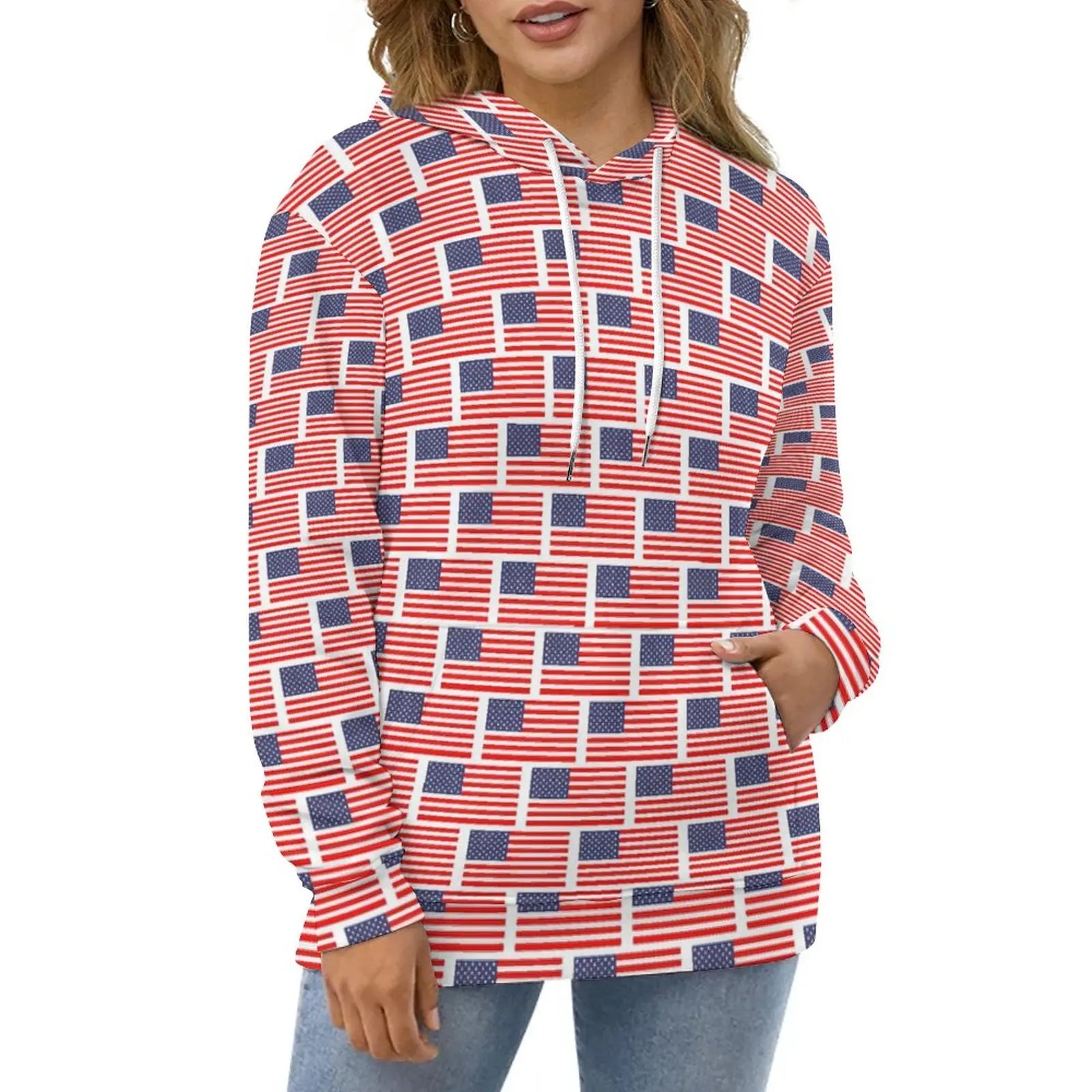 American Flag Hoodies White Stars Print Classic