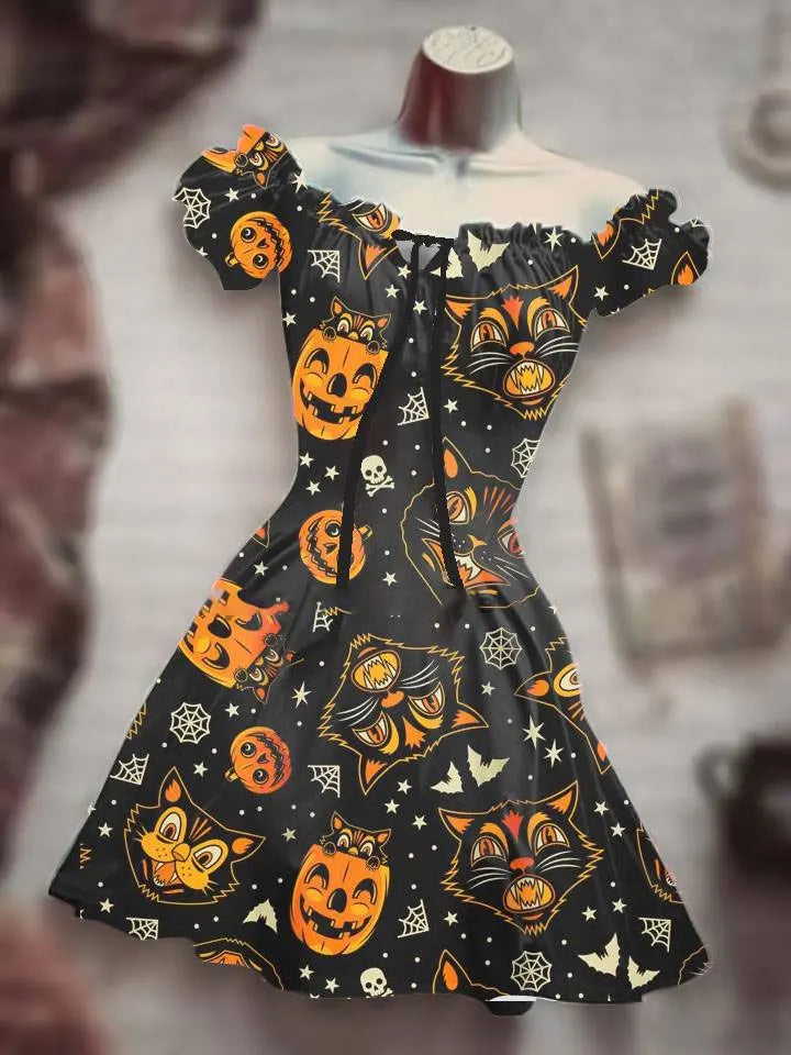 Summer New 3D Printed Mid Waist Scary Halloween Skull Head Pulled Sleeves and Drawstring Dress