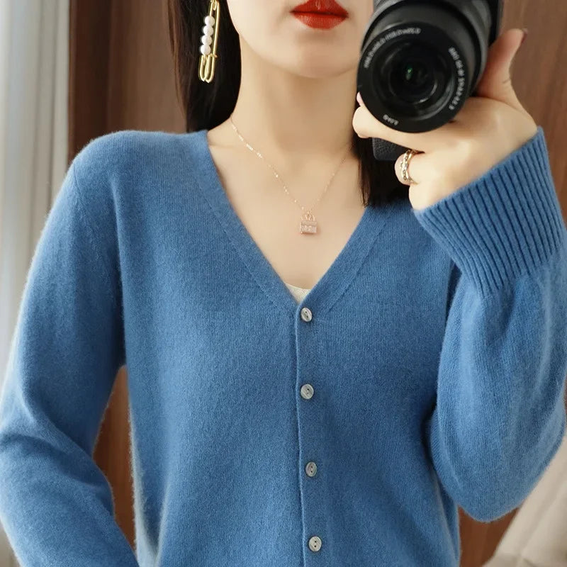 Spring Autumn  Single Breasted V-neck Solid Knitted Cardigans Sweater