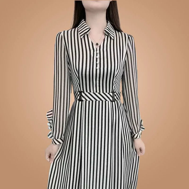 Fashion V-Neck Printed Button Loose Belt Korean Striped Midi Dress