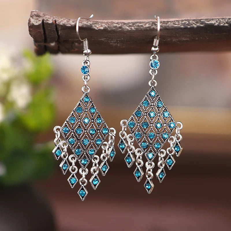 Bohemian Ethnic Long Blue Acrylic Crystal Water Drop Earrings