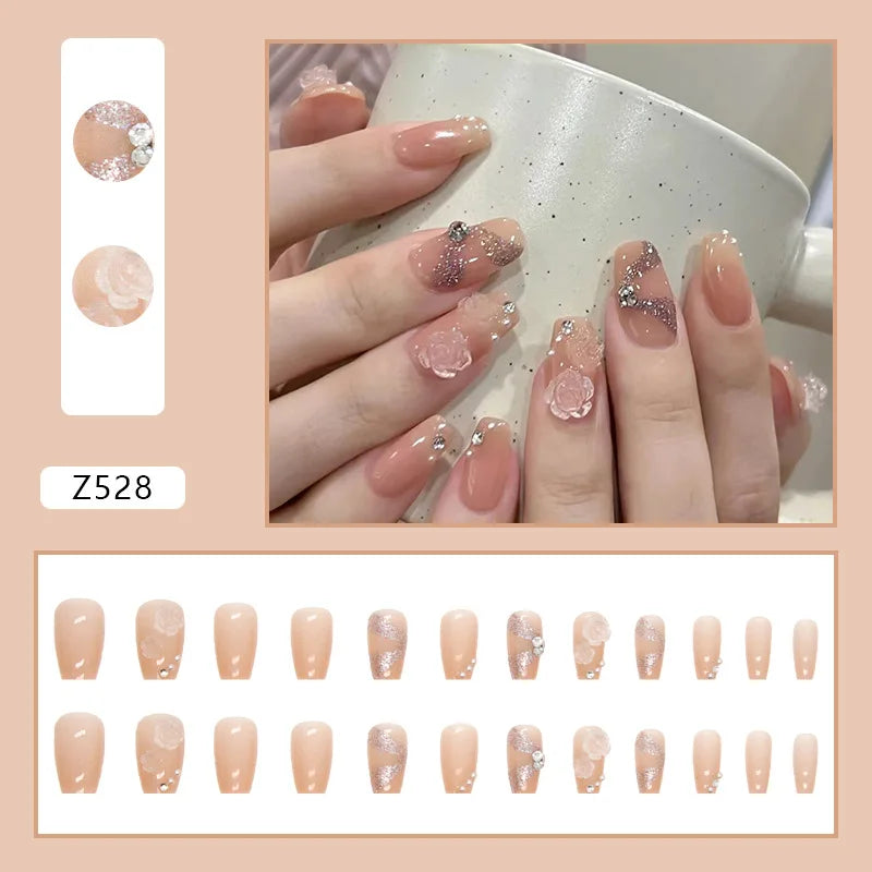 24pcs Artifical Nails Fake Wearable Nail Tips With Small Diamonds