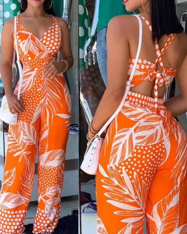 Elegant Sexy Tropical Print New Fashion Spaghetti Strap Jumpsuit