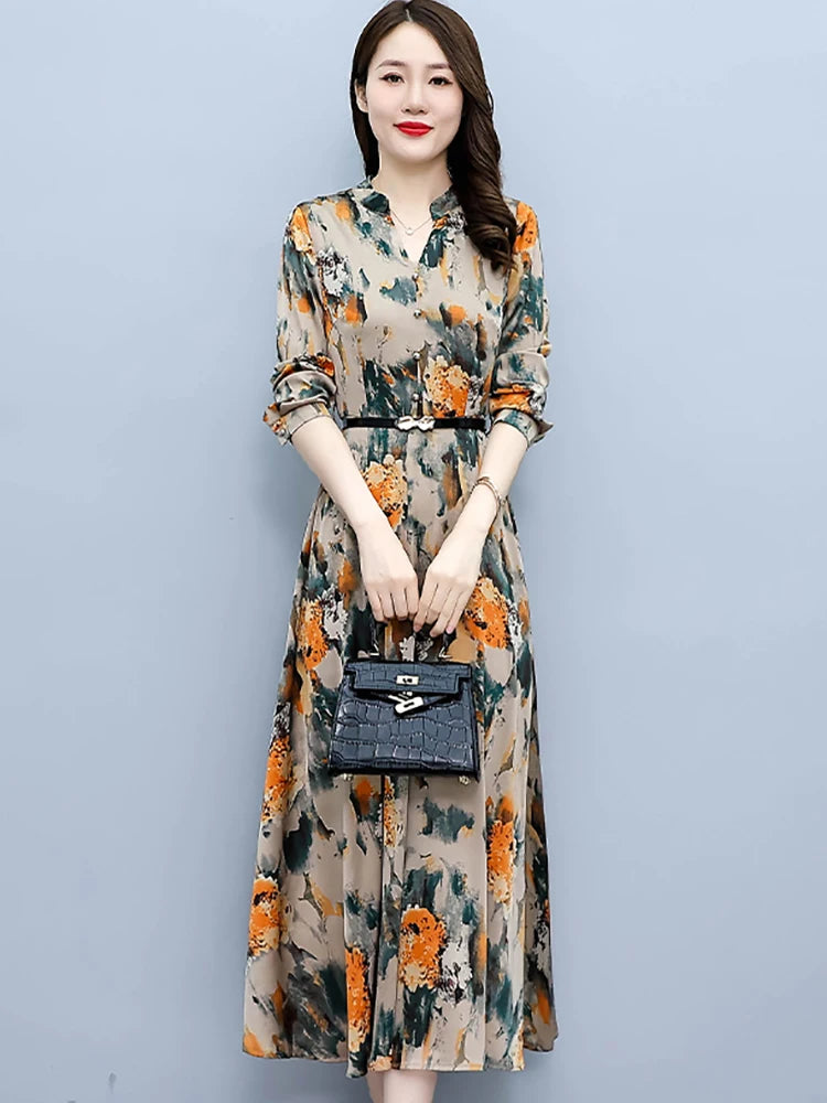 2024 Spring Autumn Floral Acetate Satin Casual Long Dress