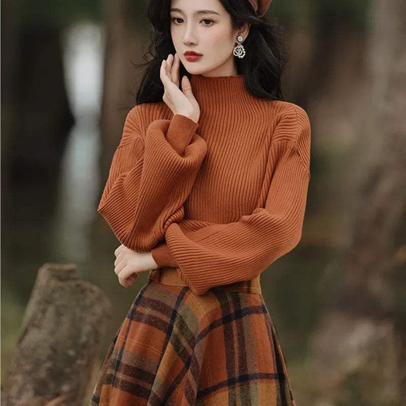 Spring Autumn Vintage Plaid Long Skirts Sweater Two-Piece Set F