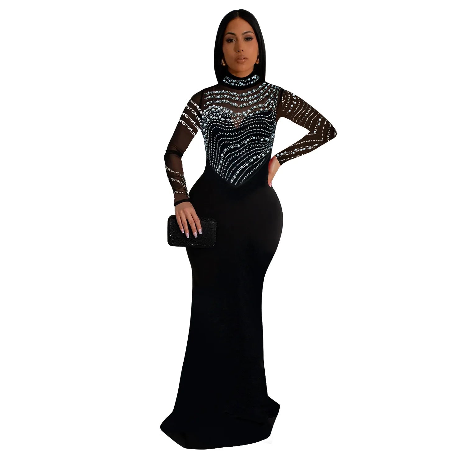 Fashion Rhinestones Pearls Round Neck Long Sleeve Slim Bodycon Evening Party Dress