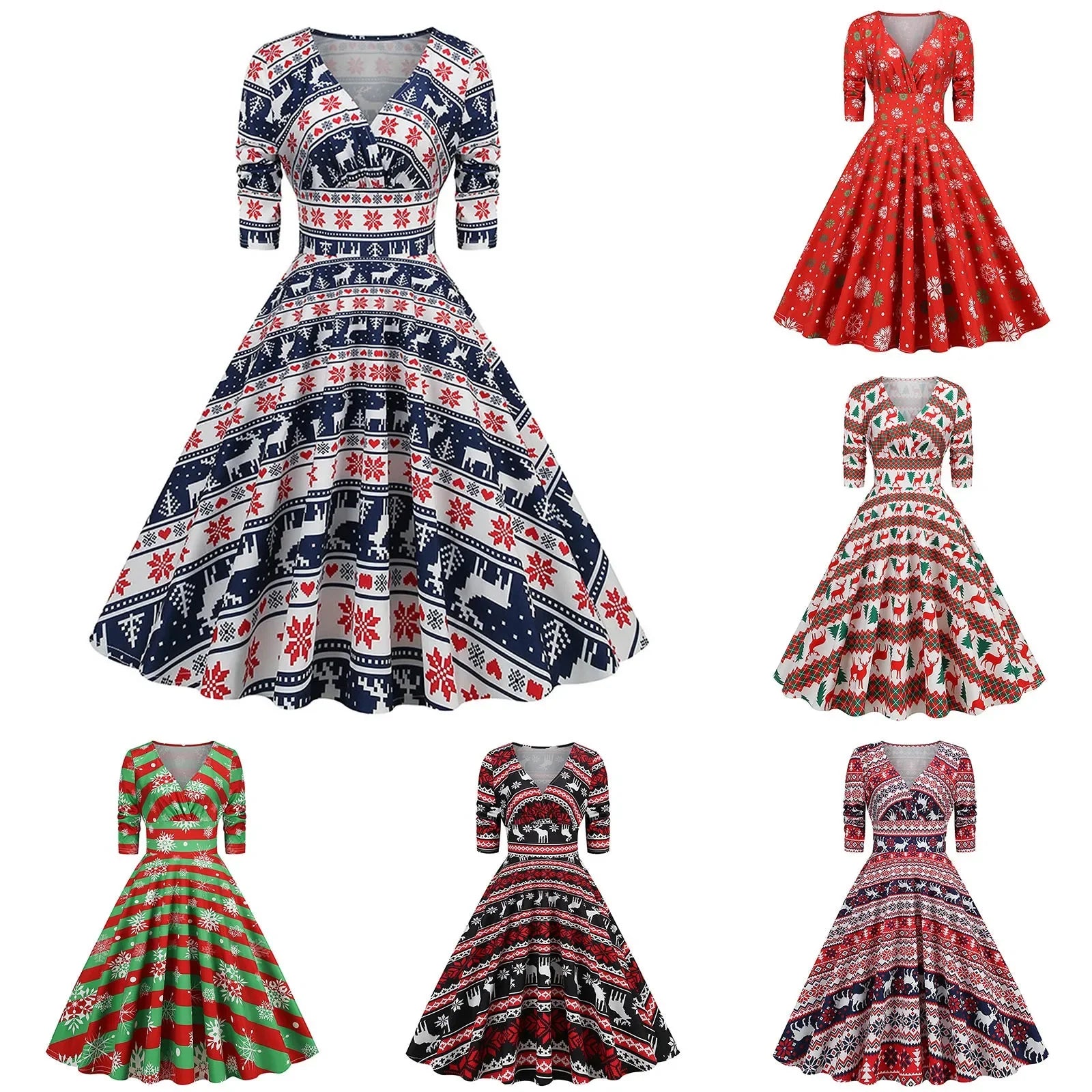 2024 Christmas Deer and Tree Print Christmas Party V-Neck High Waist 50s Vintage Swing Dresses