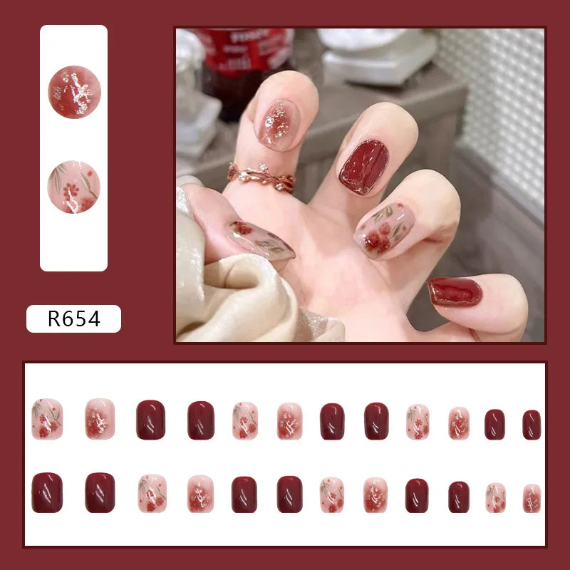 24Pcs French With Drill Short Fake Nails Press On Nail Tips