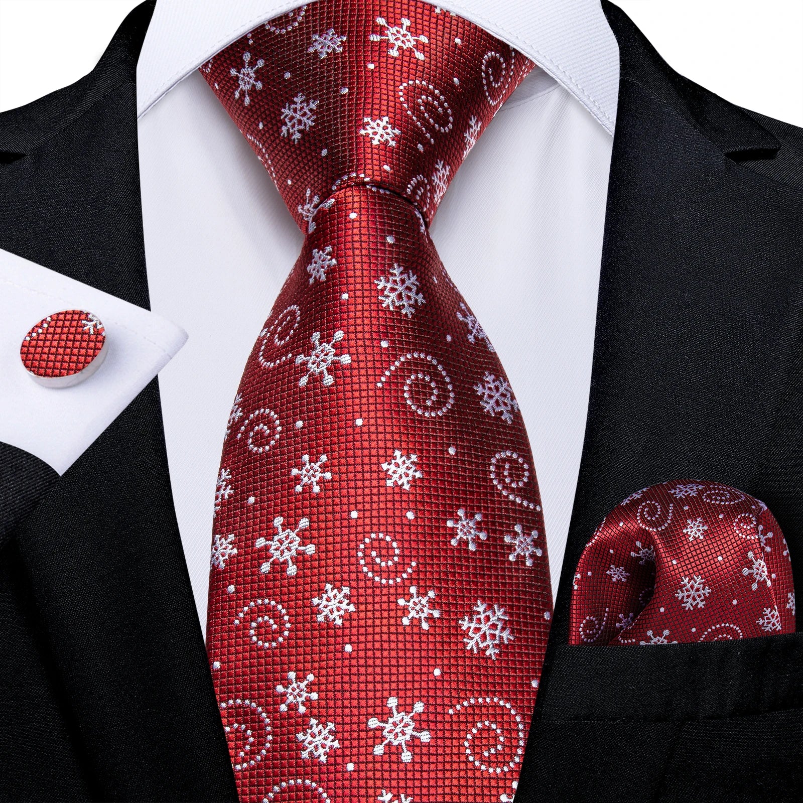 Red  Solid Striped Paisley Neckties Hanky Cufflinks Set For Men