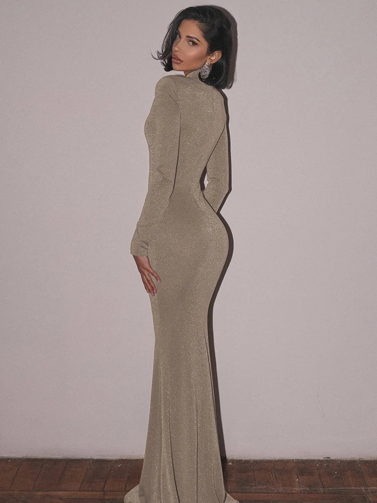 Hollow Out Turtleneck Long Sleeve Sexy Maxi Dress