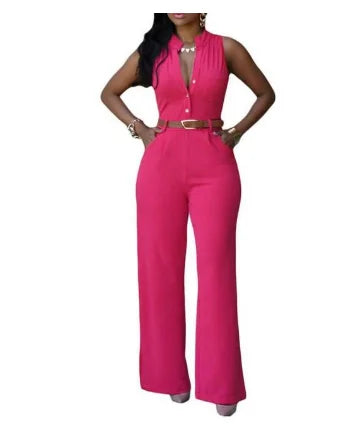 Sleeveless Single Breasted Button High Waist Wide Leg Jumpsuit