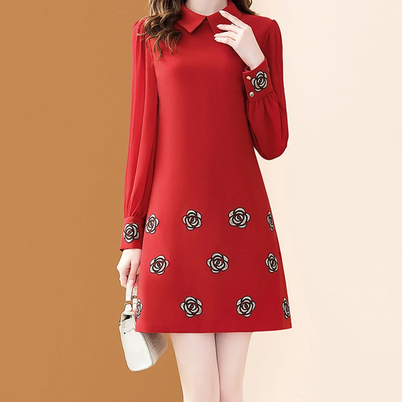 Elegant Floral Embroidery Polo Collar Chiffon A-line Dresses