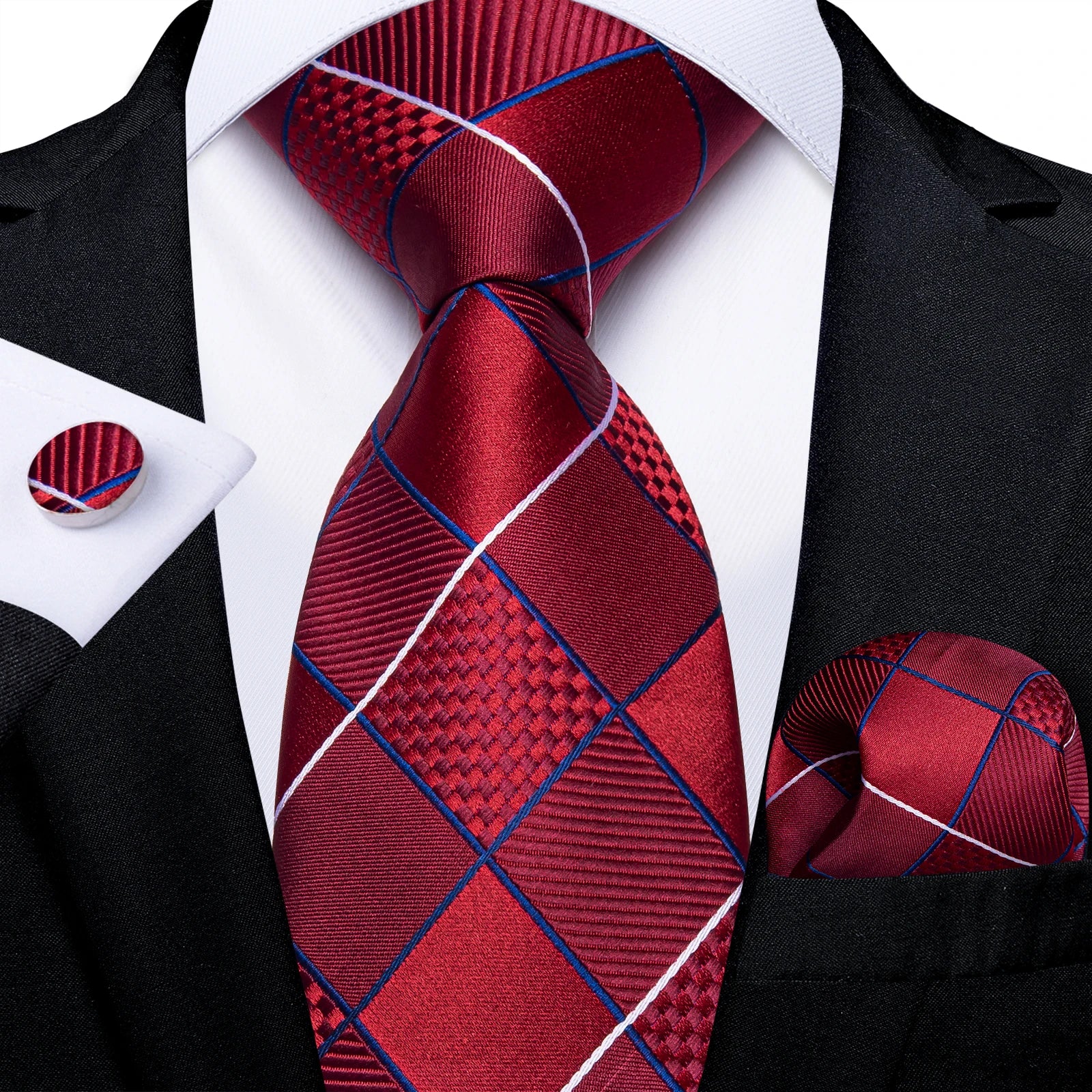 Red  Solid Striped Paisley Neckties Hanky Cufflinks Set For Men