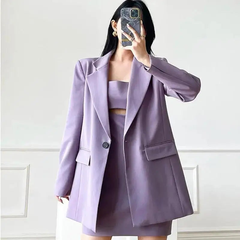 Autumn Korean Fashion Suit Coat+Purple Sling Dress Two Piece Set