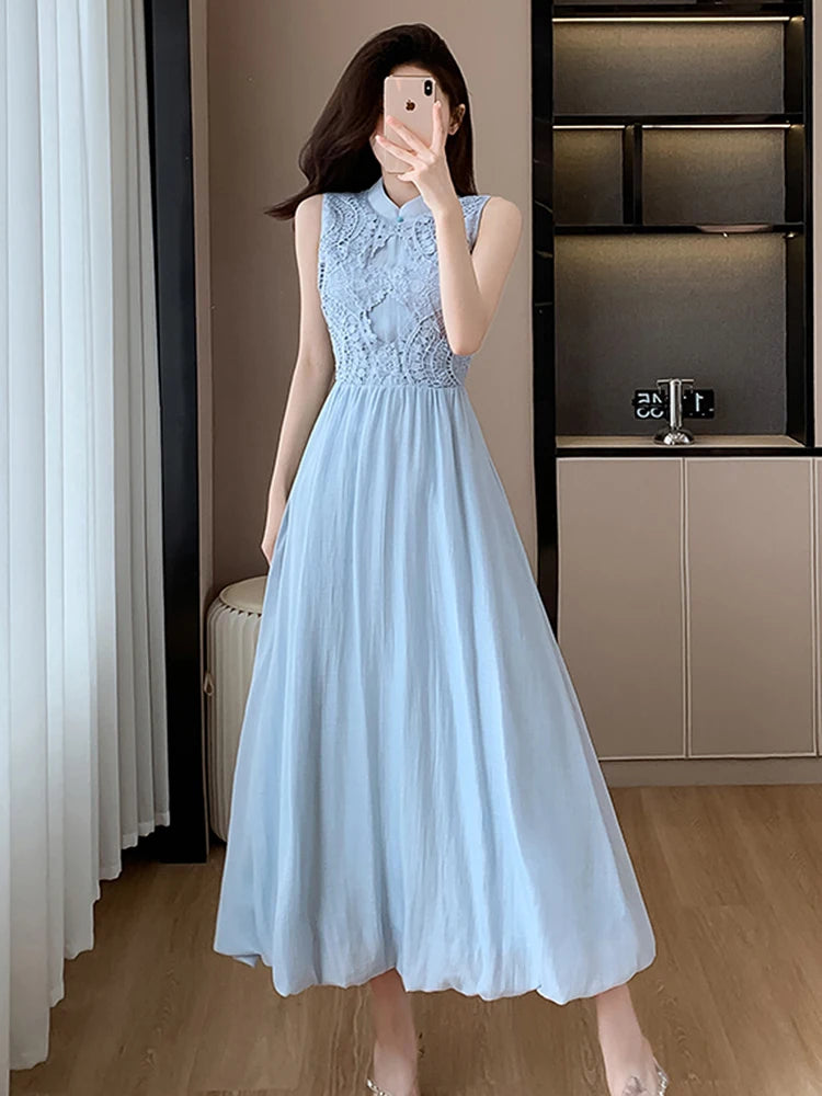 Elegant Chinese Style New Summer Blue Lace Patchwork Midi Dress