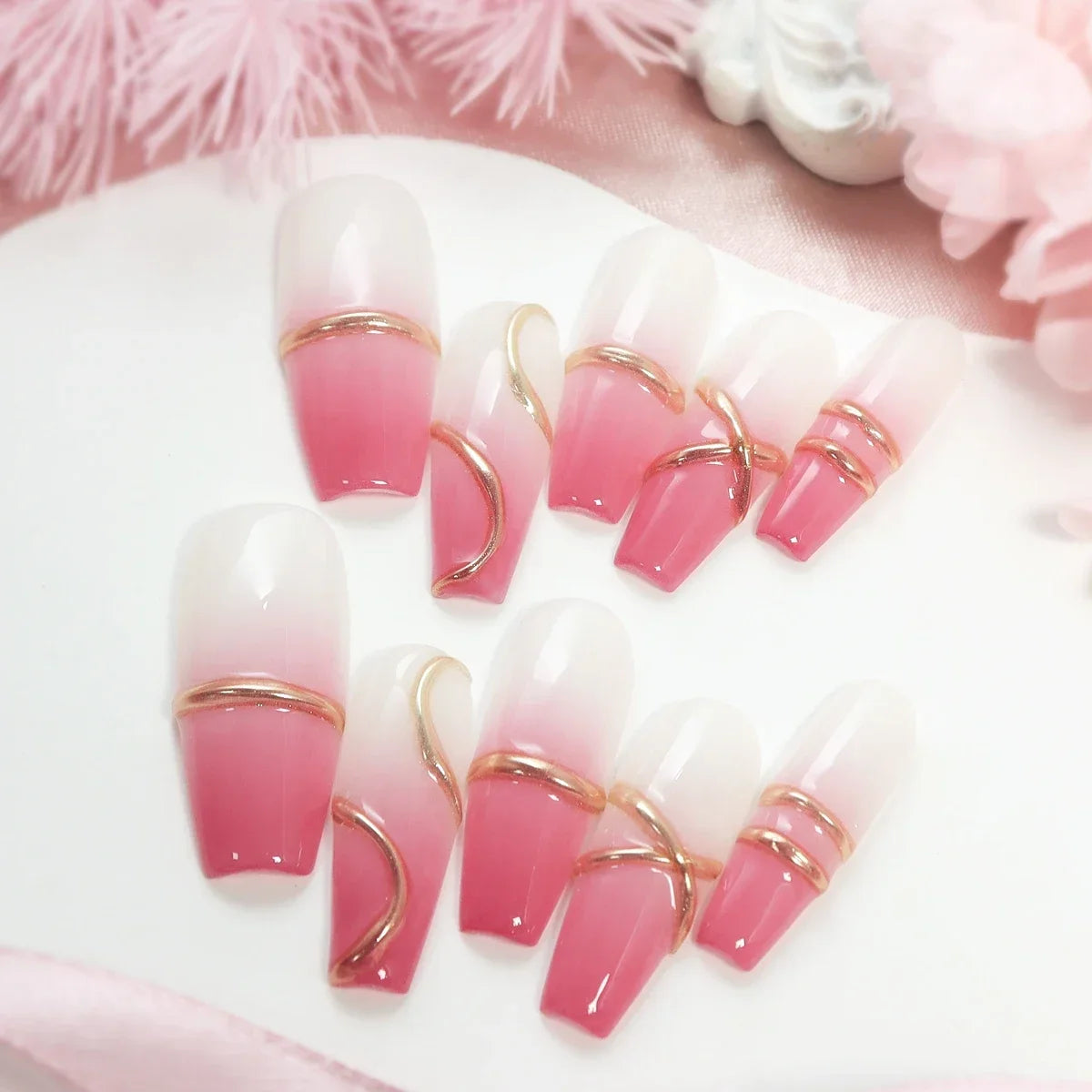 10pcs Christmas Red Glossy Handmade Long Press on Fake Nail