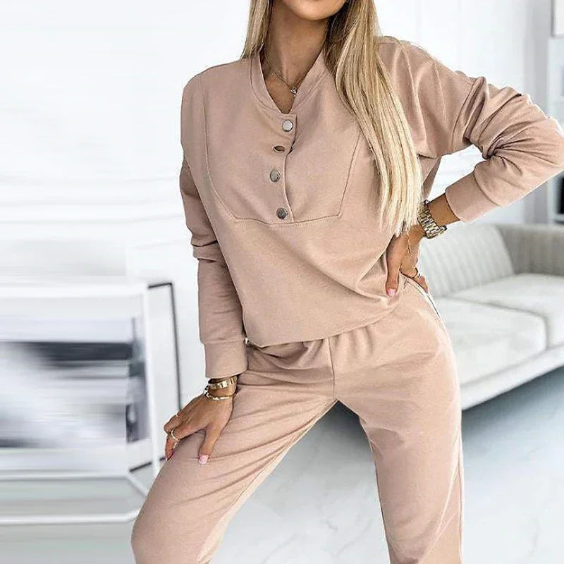 Fashion Draped Loose Elegant V-neck Button Sweatshirts & Long Pants