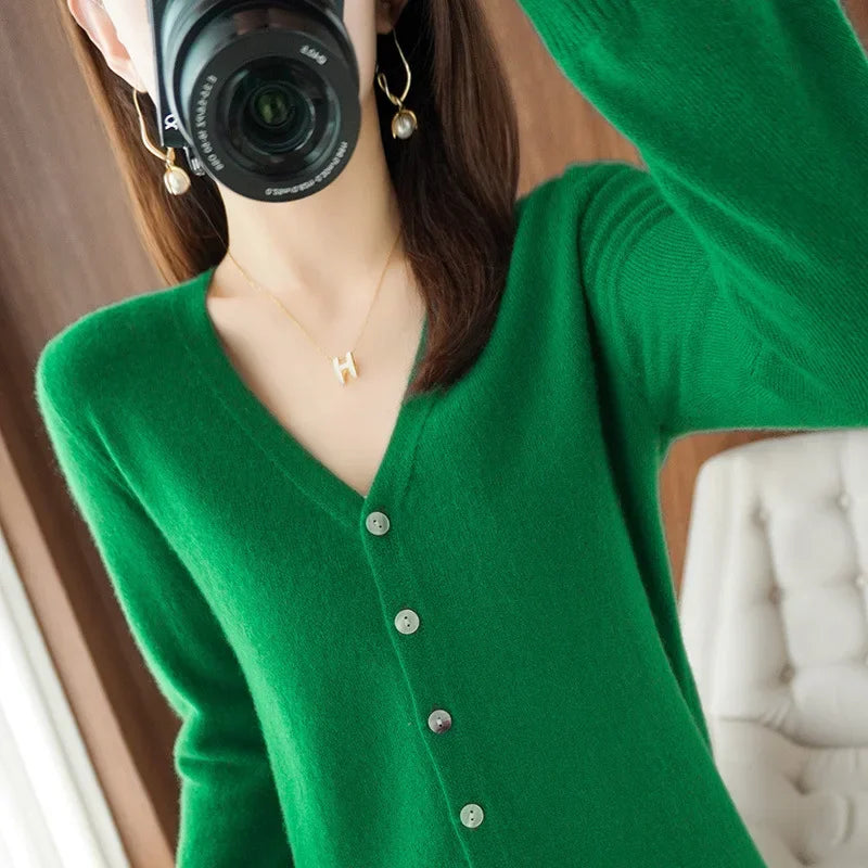 Spring Autumn  Single Breasted V-neck Solid Knitted Cardigans Sweater