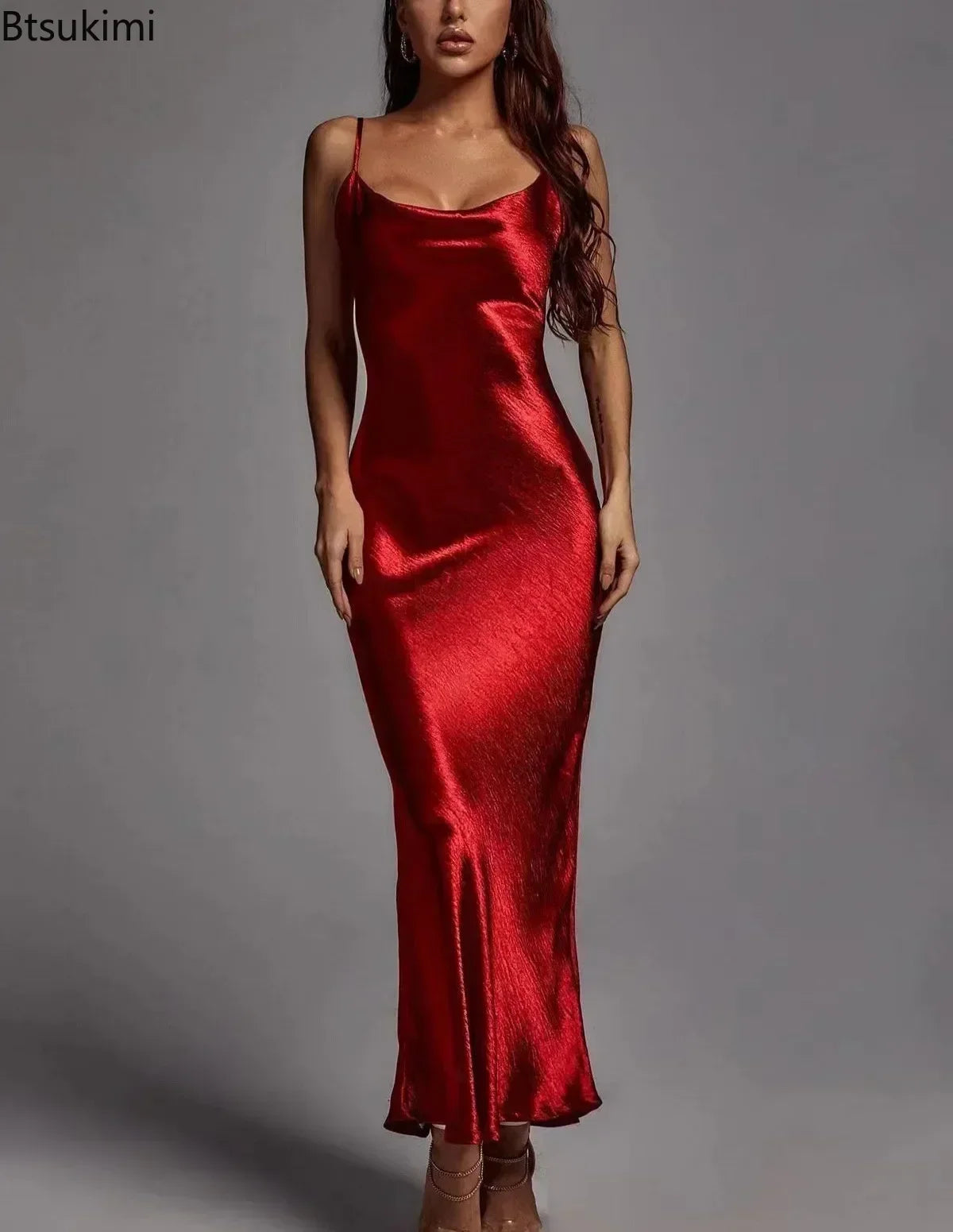 Elegant Satin BacklessSummer Spaghetti Strap Sleeveless Night Club Party Long Dress