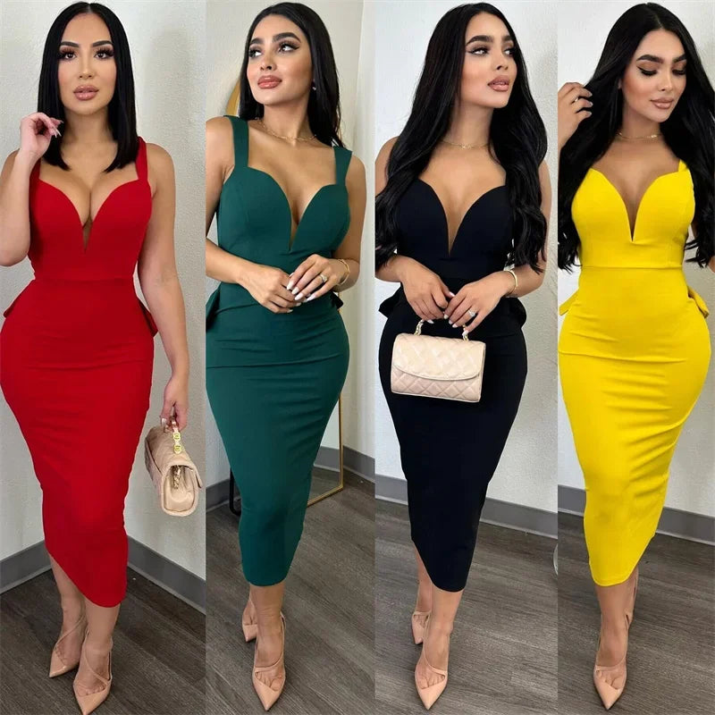 Sexy Plunging V-neck Backless Bowknot Ruffles Bodycon Midi Dresses