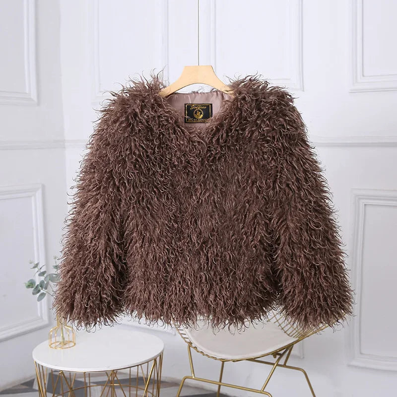 Women's Winter 2025 Fashion Luxury Cropped Faux Fur Coat