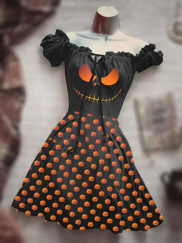 Summer New 3D Printed Mid Waist Scary Halloween Skull Head Pulled Sleeves and Drawstring Dress