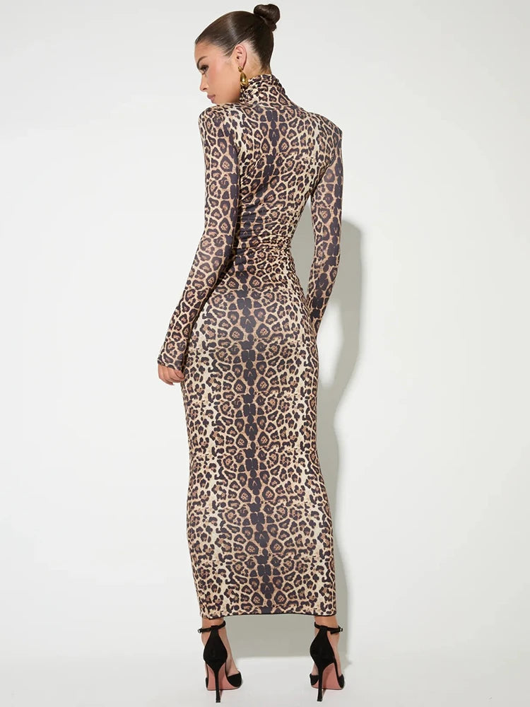 Autumn Winter Fashion Elegant Turtleneck Leopard Print Long Sleeve Sexy Maxi Dress