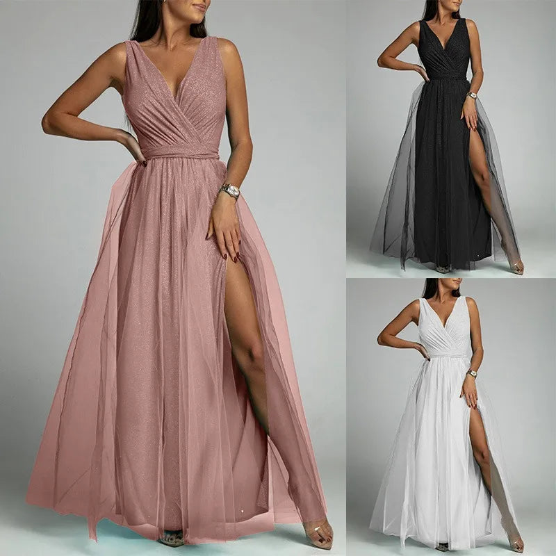 Elegant Solid Color Fine Sparkle V-neck Lace-up Mesh Slit Long Dress