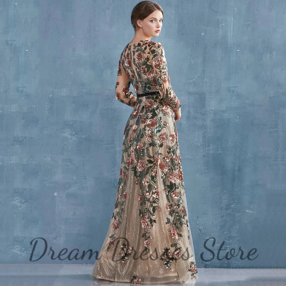 Elegant O-Neck Long Sleeve Sequins Flowers Applique A-Line with Belt Floor Length  Evening Dress