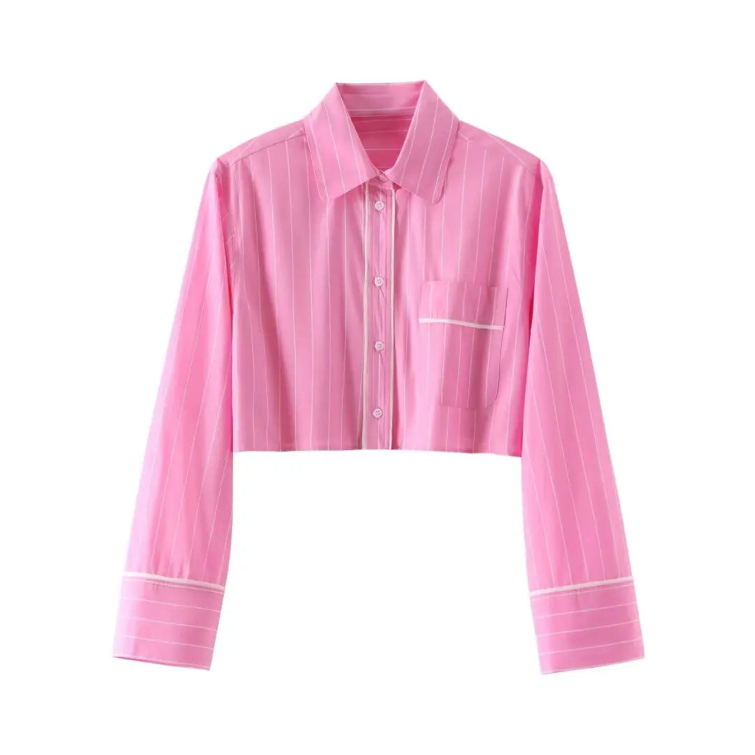 Fashion Pink Stripe Lapel Pocket Button Shirt+High Waist Loose Drawstring Wide Leg Pants Traf