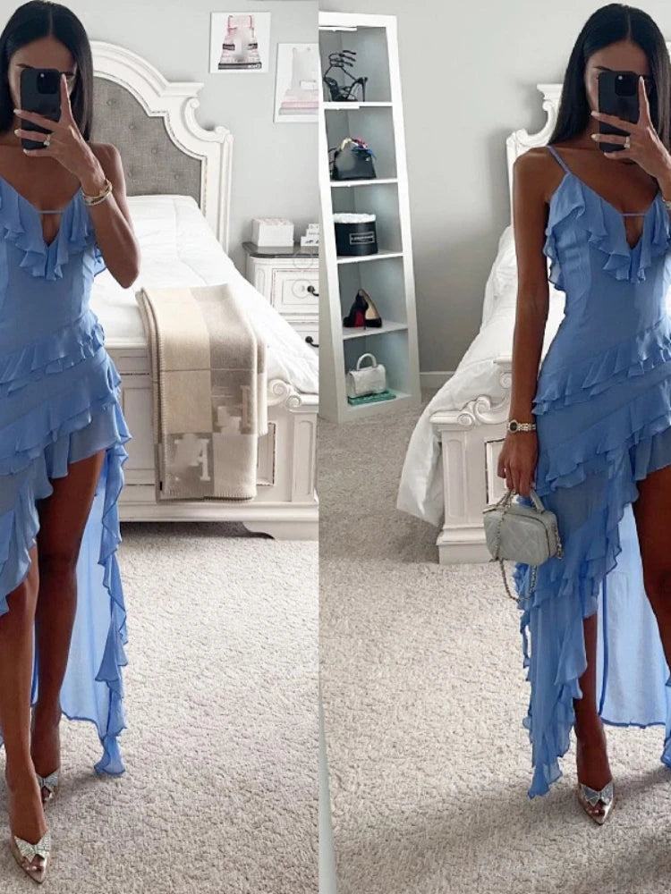 Sexy Ruffles Spaghetti Strap V Neck Irregular Hem Maxi Dress