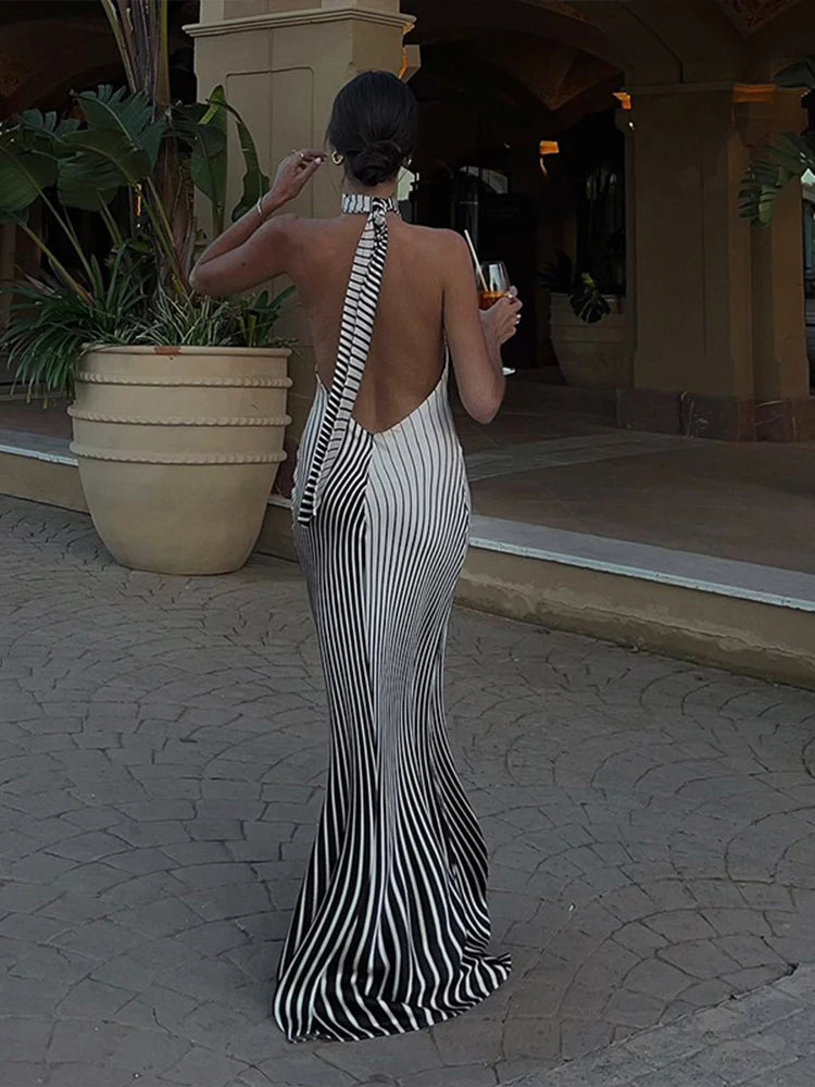 Elegant Striped Sexy Slim Fit Backless Dress