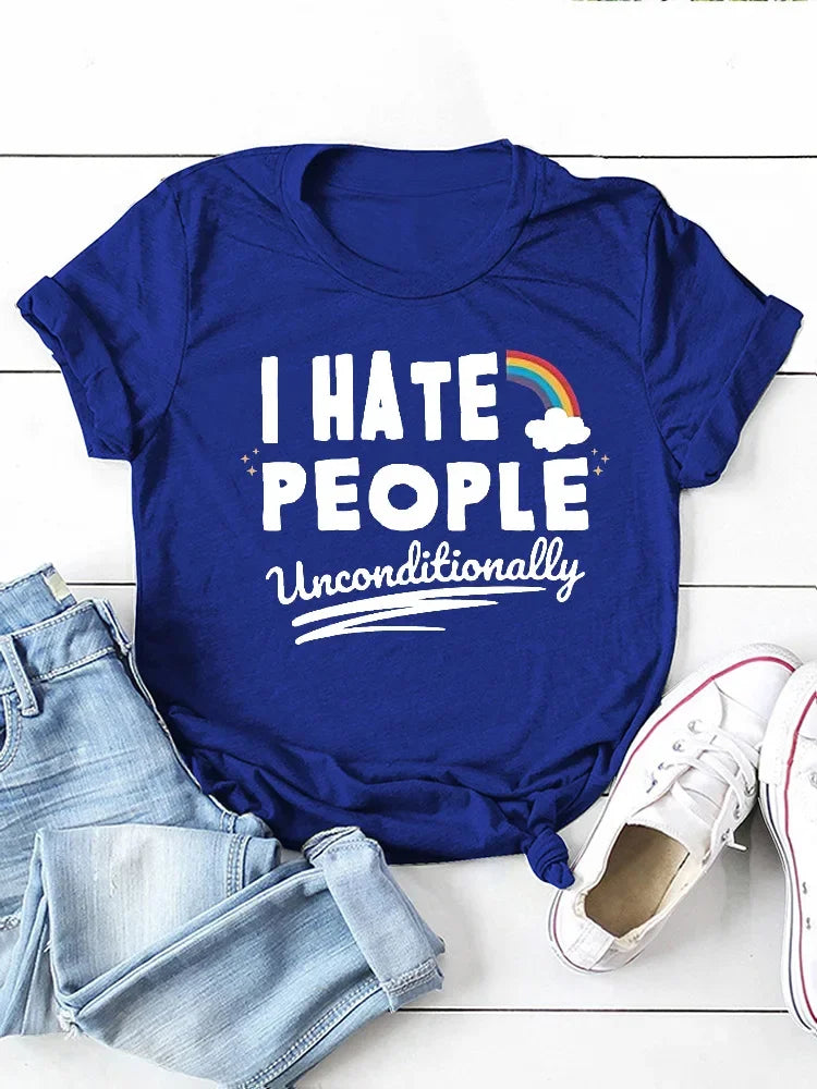 I Hate People Rainbow Print Women  Short Sleeve O Neck T Shirt