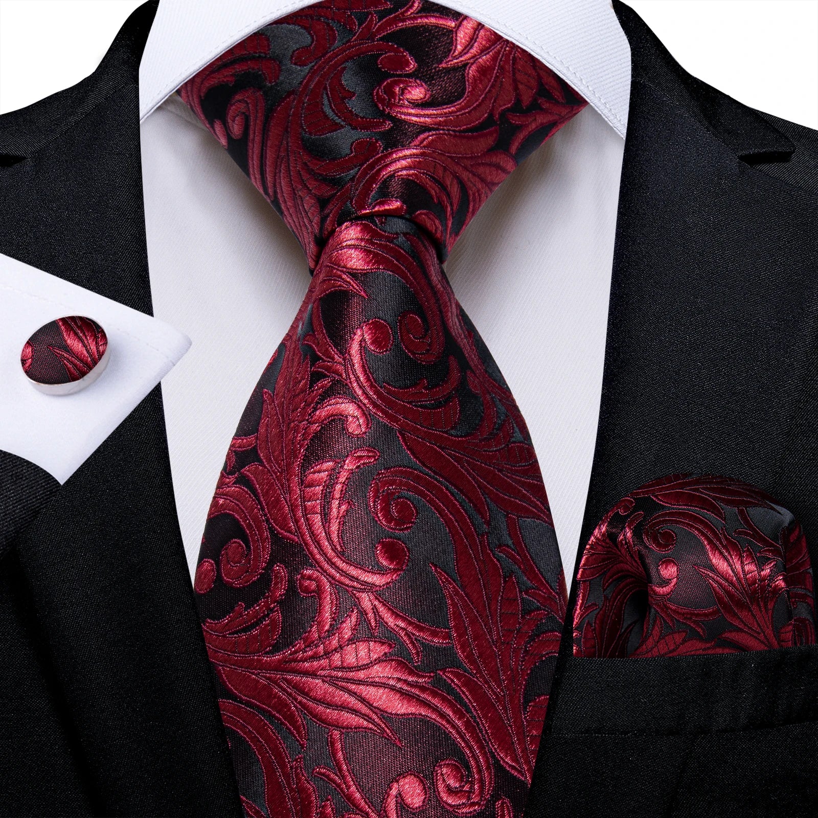 Red  Solid Striped Paisley Neckties Hanky Cufflinks Set For Men