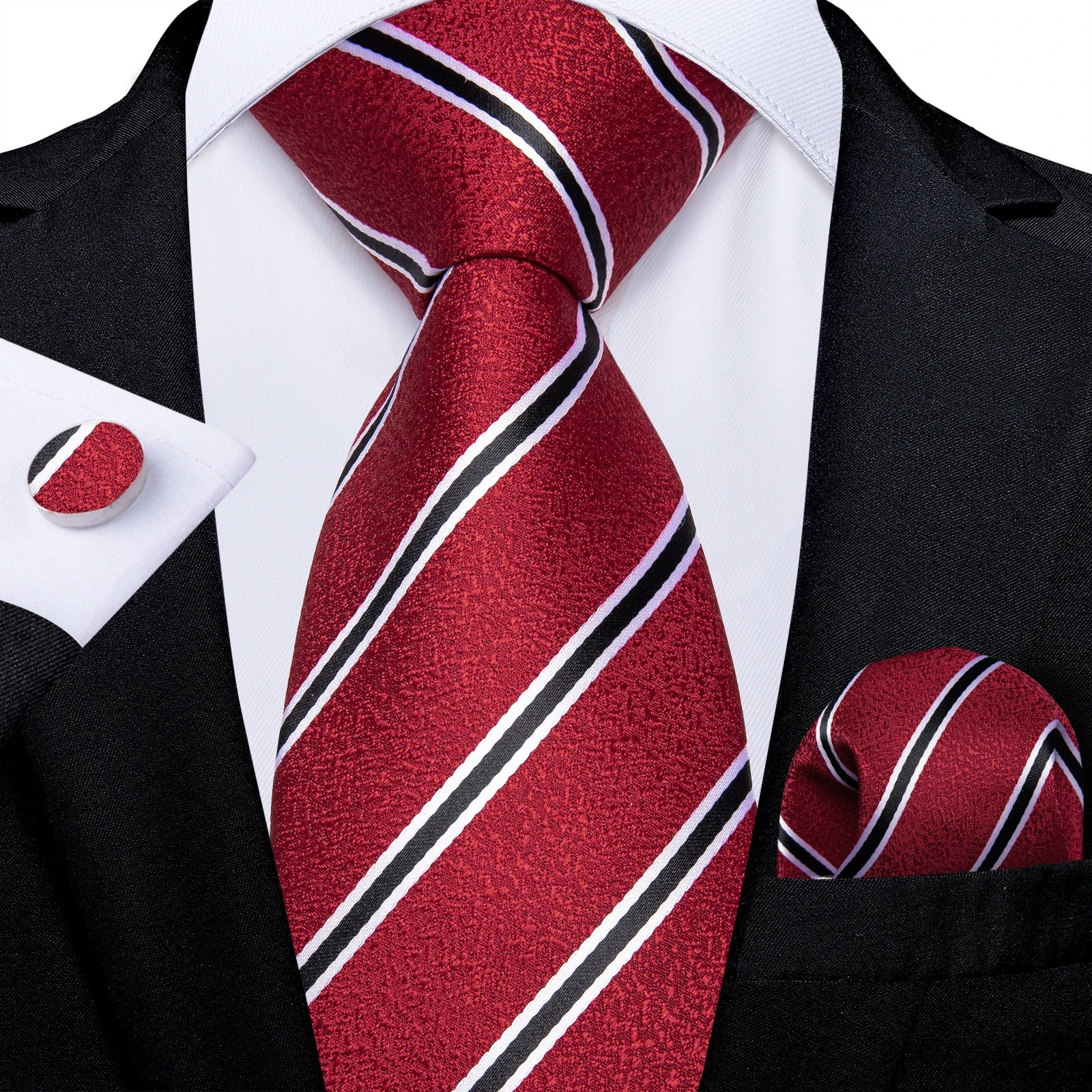 Red  Solid Striped Paisley Neckties Hanky Cufflinks Set For Men