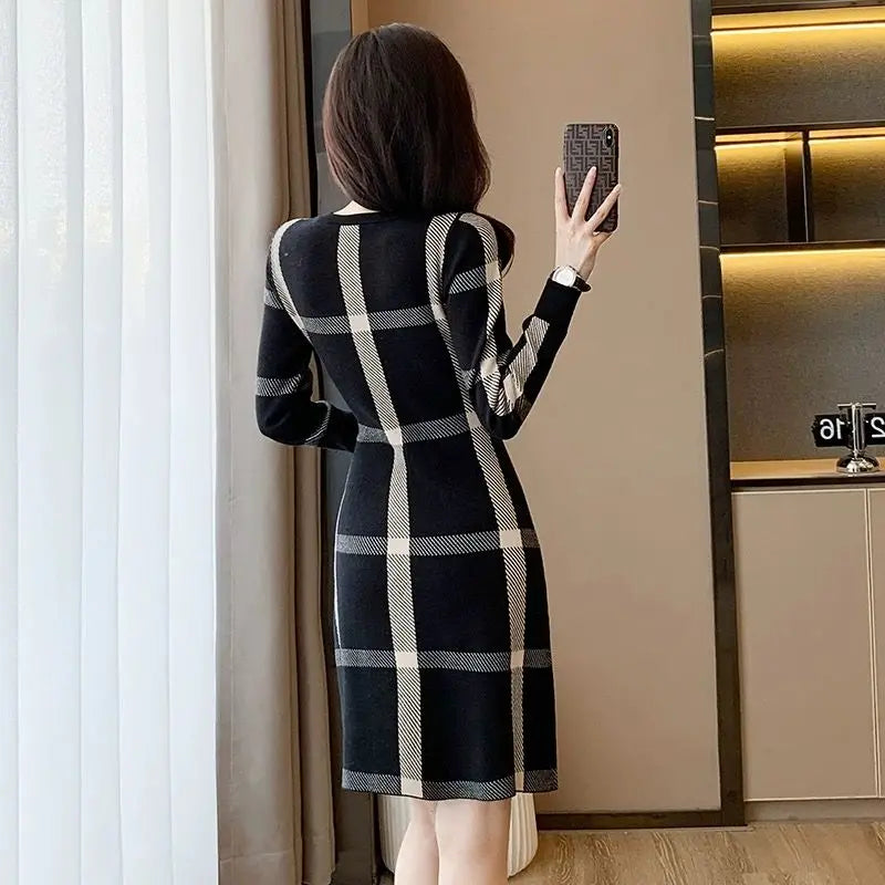 Autumn Winter Thin Casual Long Sleeve Pullovers Buttons Dresses