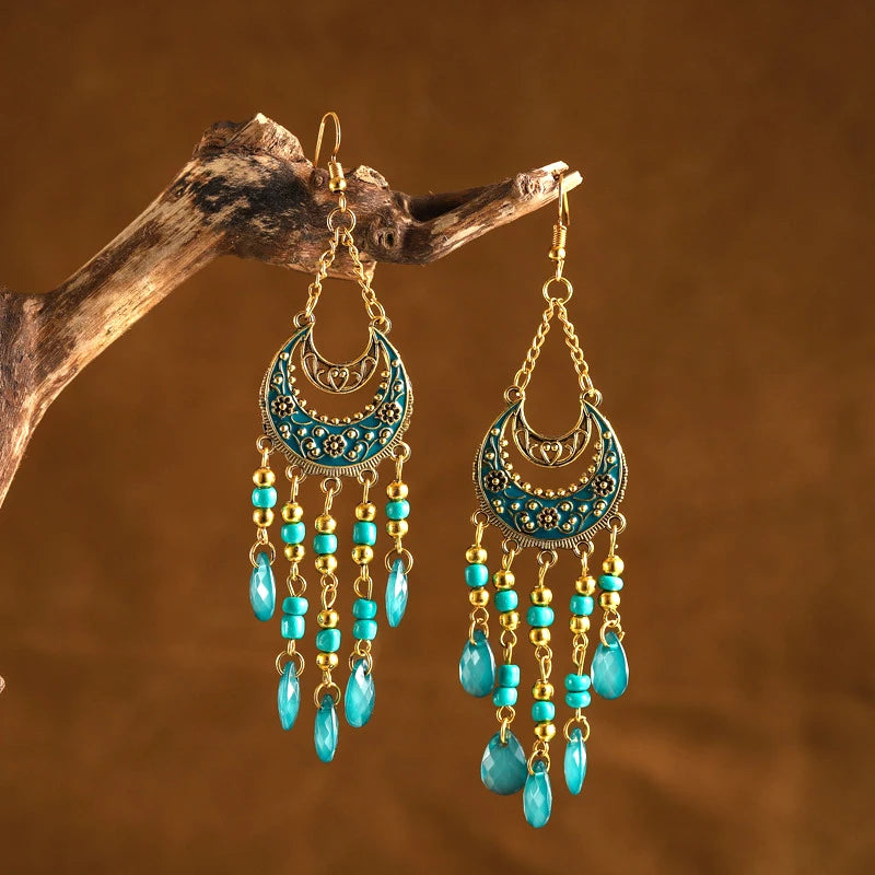 Bohemian Ethnic Long Blue Acrylic Crystal Water Drop Earrings