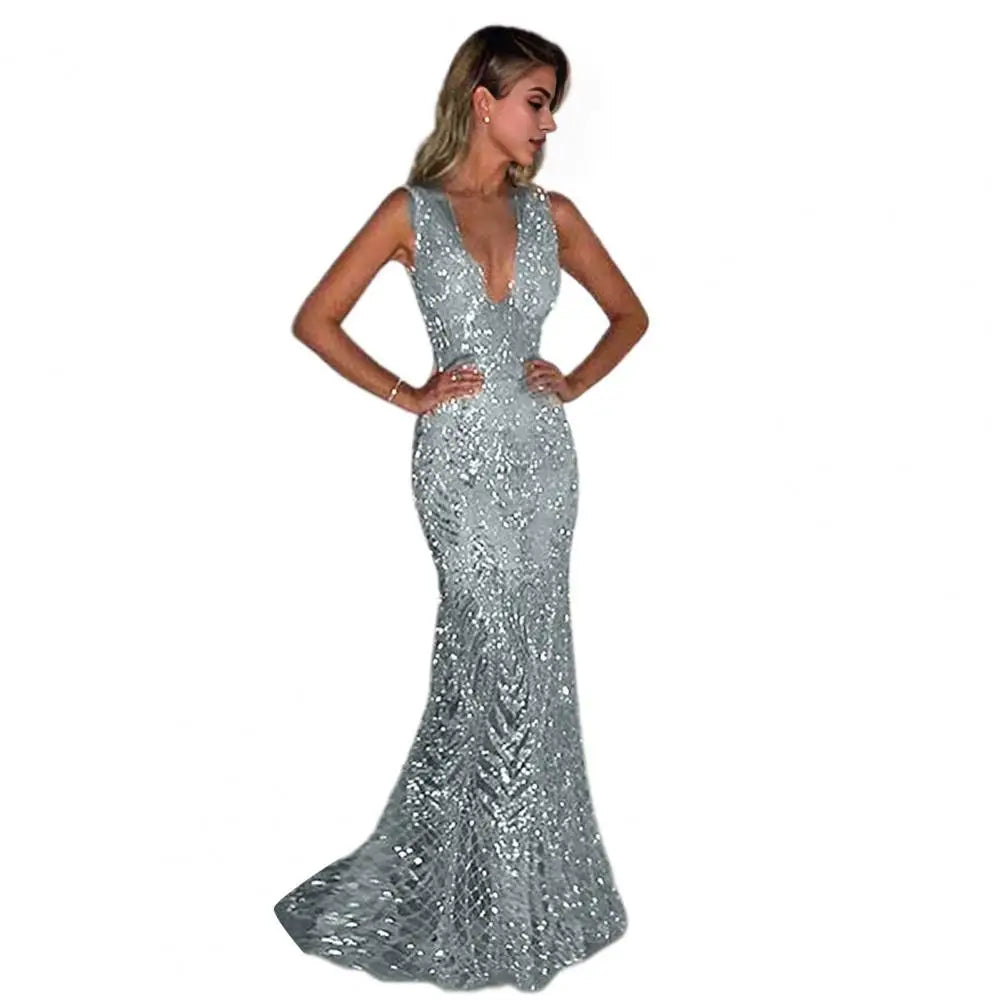 V-neck Long Elegant Sequin Fishtail Evening Gown