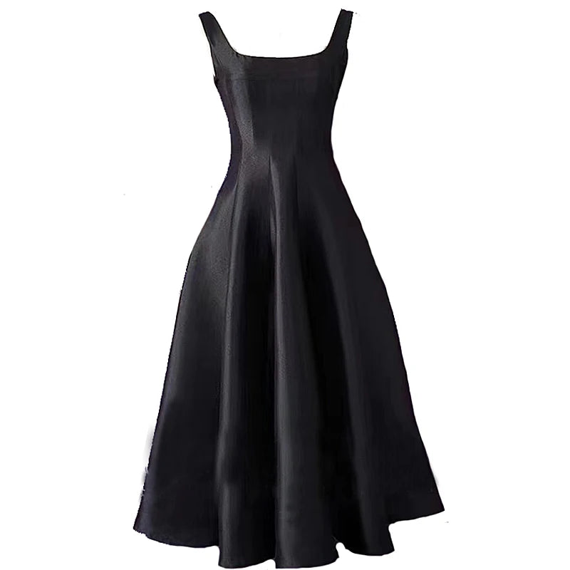 Hepburn Style Big Hem Drape Midi Long Pleated Strap Dress