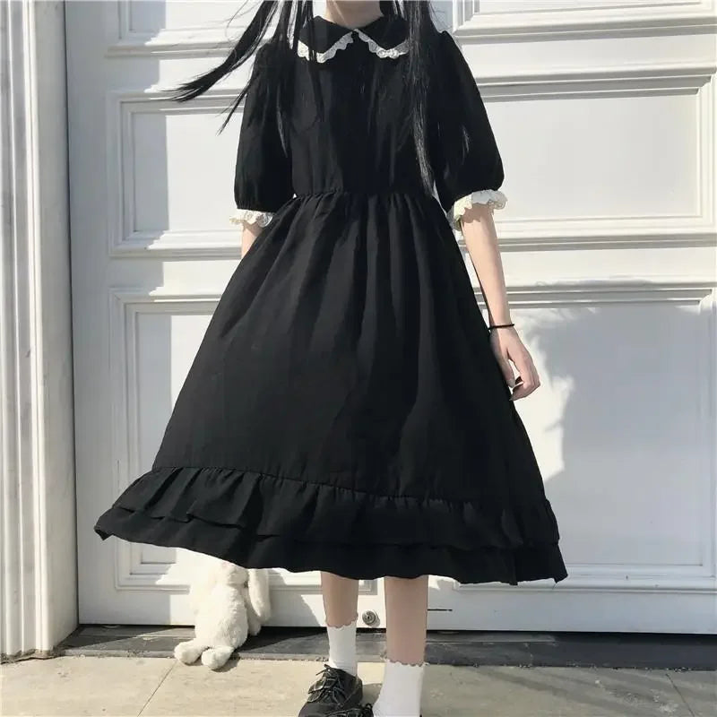 Mini Black  Puff Sleeve Lolita Girlish Preppy Bow Summer Dress