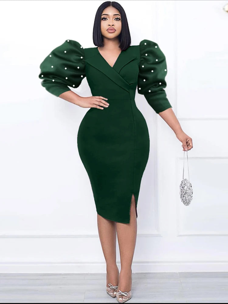 V Neck Half Puff Sleeve Dark Green High Waist Bodycon Midi Dresses