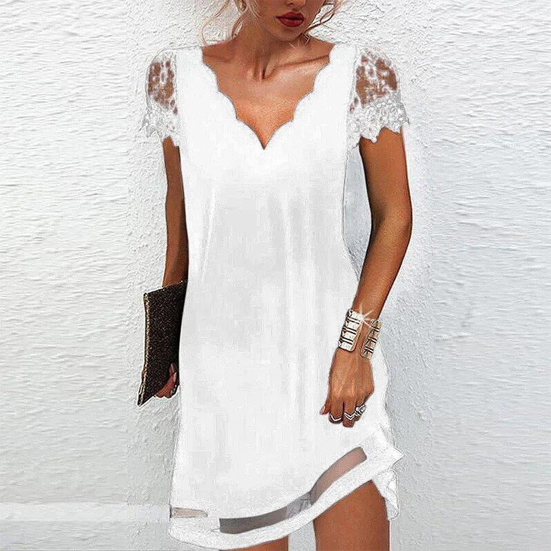 Summer Sexy Elegant V-neck Floral Print Short Sleeve Lace Mini Dress