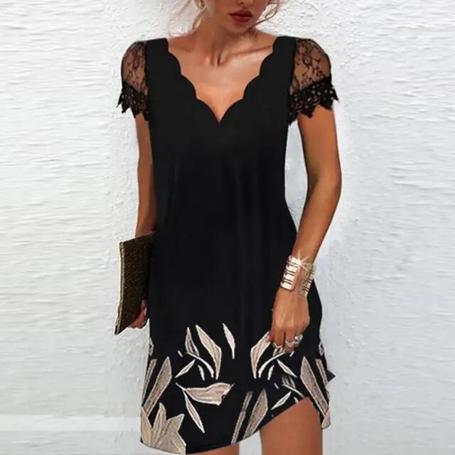 Summer Sexy Elegant V-neck Floral Print Short Sleeve Lace Mini Dress