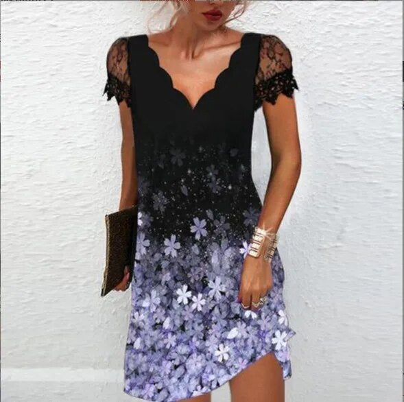 Summer Sexy Elegant V-neck Floral Print Short Sleeve Lace Mini Dress