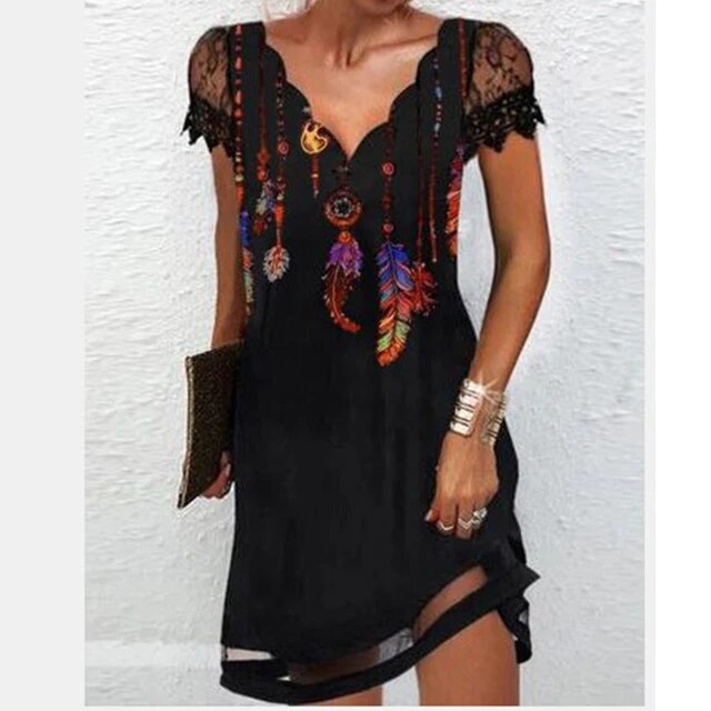 Summer Sexy Elegant V-neck Floral Print Short Sleeve Lace Mini Dress