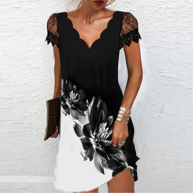 Summer Sexy Elegant V-neck Floral Print Short Sleeve Lace Mini Dress