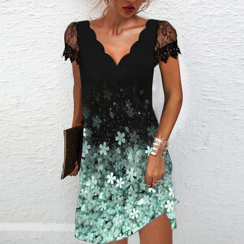 Summer Sexy Elegant V-neck Floral Print Short Sleeve Lace Mini Dress